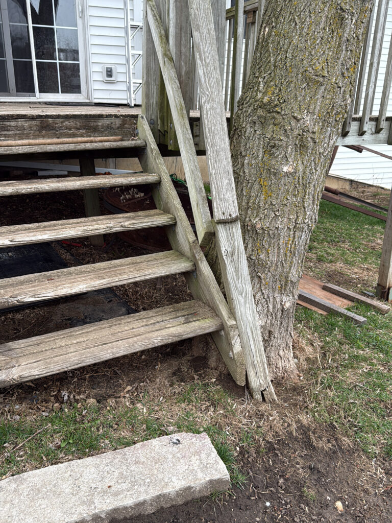 Structural and safety home inspection issues observed at exterior stairs